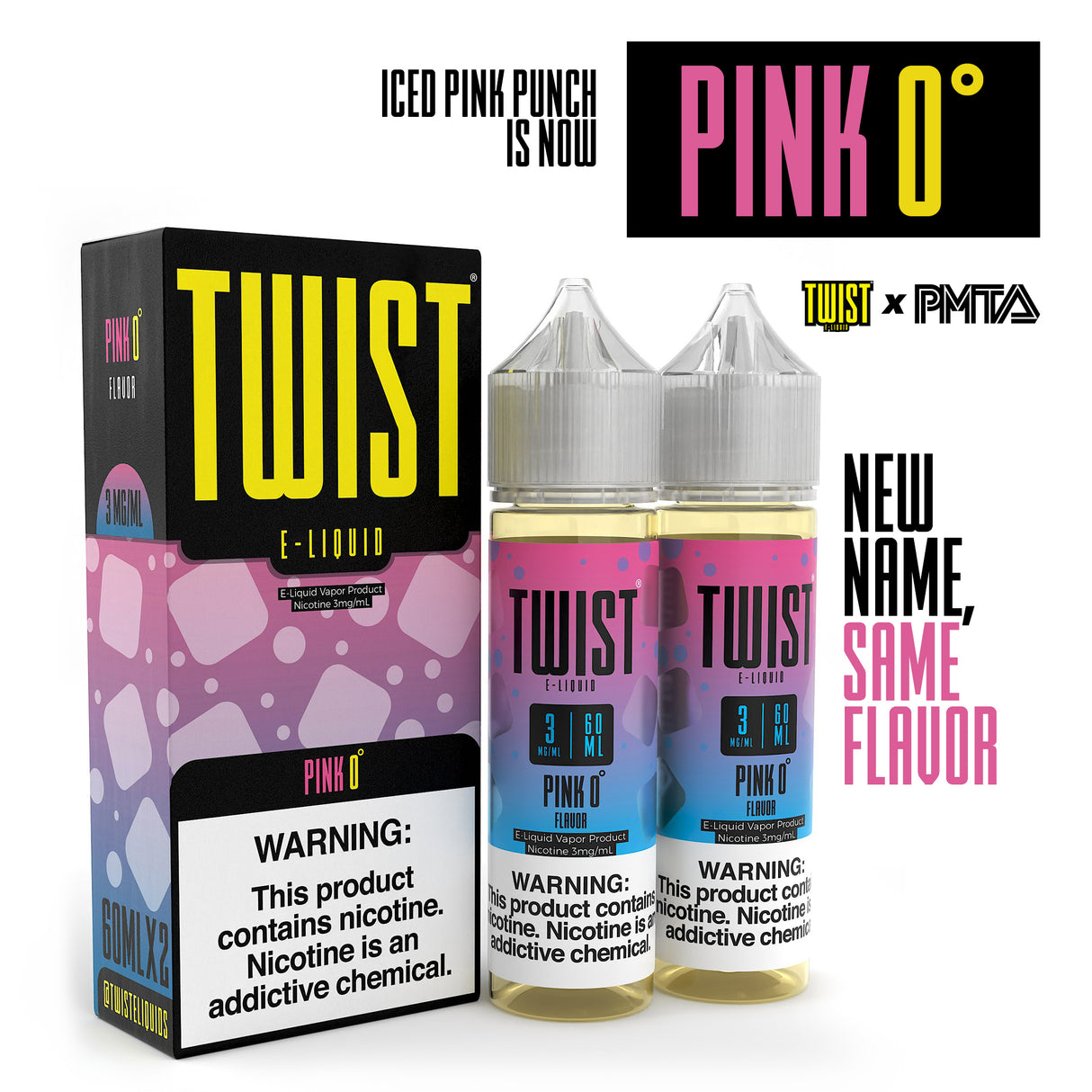 Twist E-Liquid Pink 0° – 120mL twin pack of tart pink lemonade vape juice with a cool menthol finish.