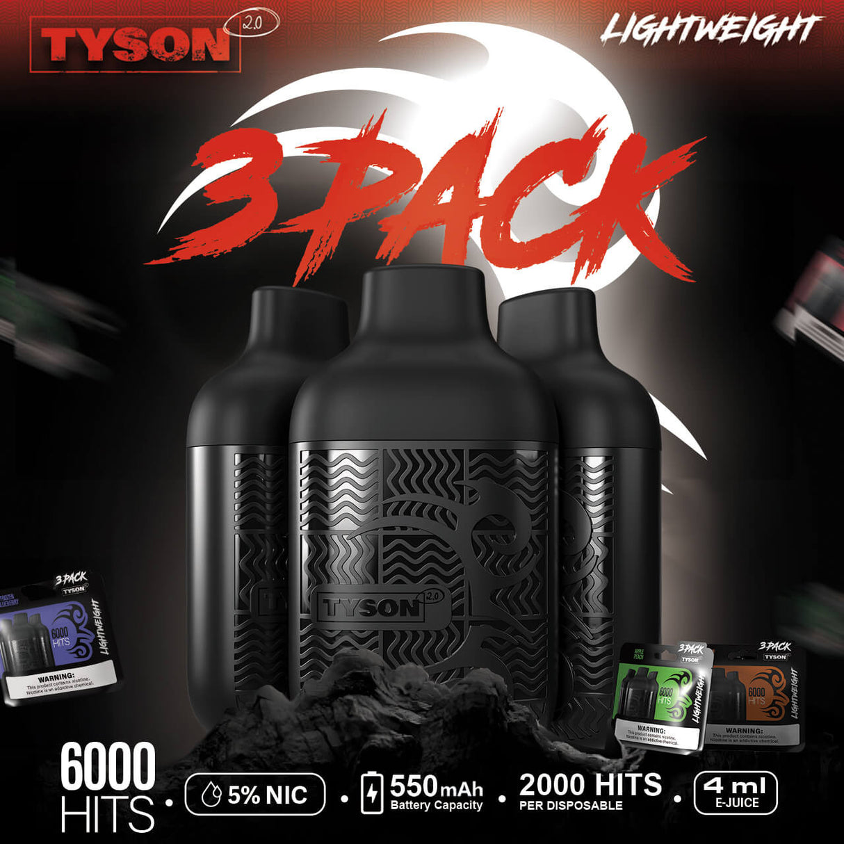 Tyson 2.0 Lightweight 6K Disposable 3-Pack with Fyre Mesh Coil