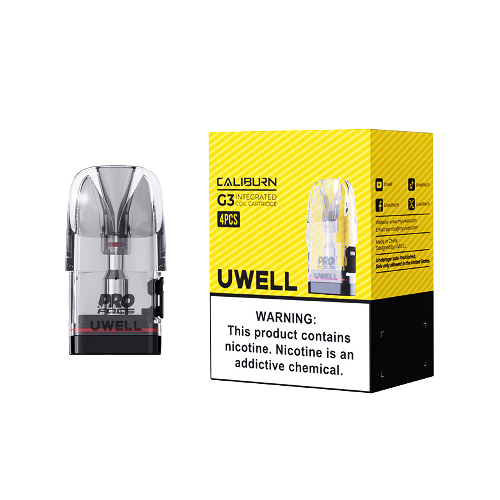Uwell Caliburn G3 Replacement Pods – 4-pack of refillable 3mL pods with integrated 0.4-ohm coils for seamless vaping.