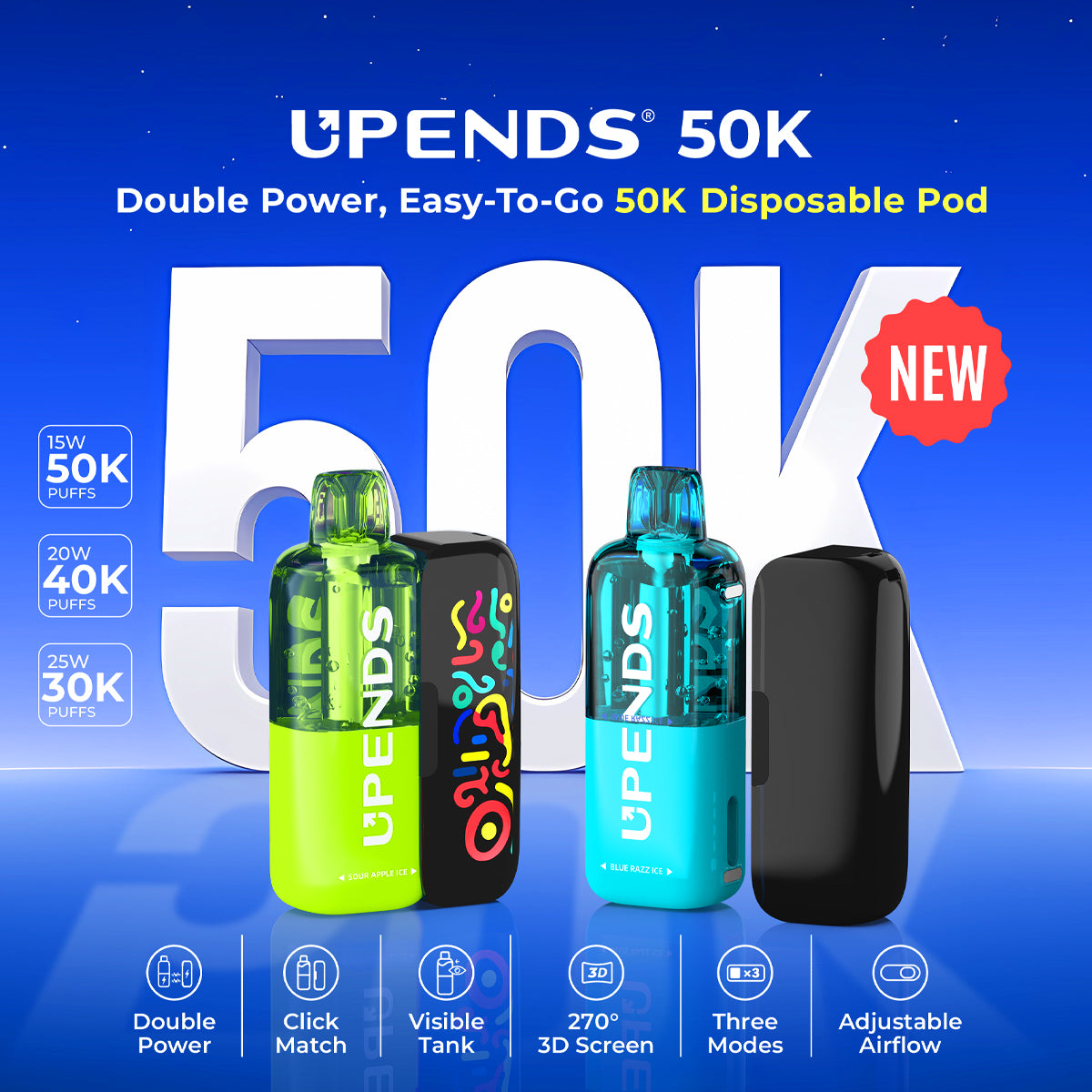 Upends UP9 50K Disposable Kit with dual battery, transparent tank, and 3D screen for battery and juice levels