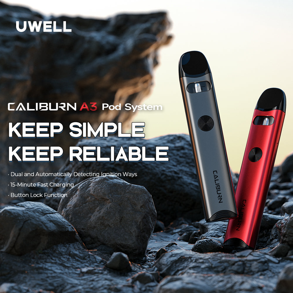 Uwell Caliburn A3 – compact 15W pod system with USB-C and dual activation.