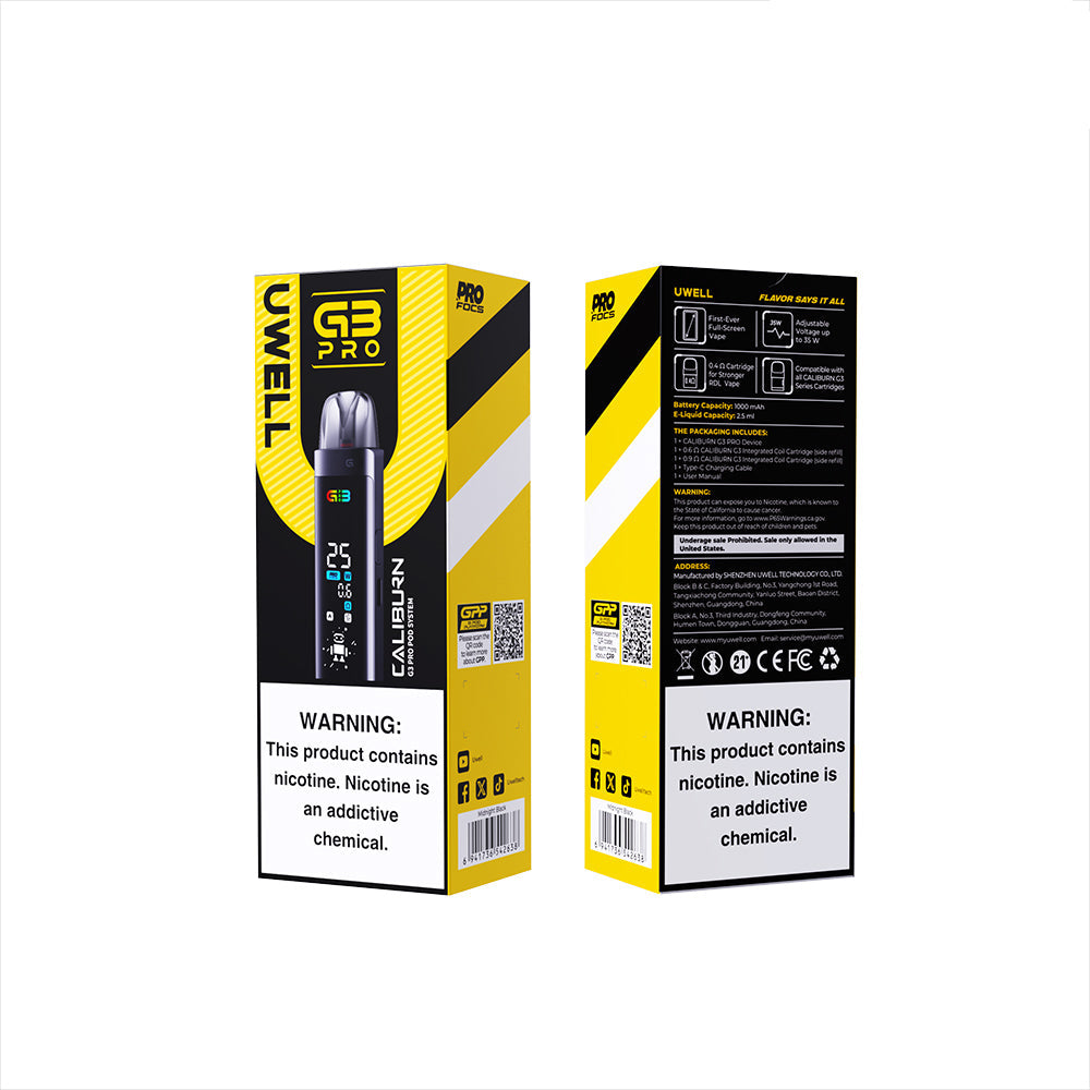 Uwell Caliburn G3 Pro 35W Pod System with full-screen display and 3mL magnetic pods.
