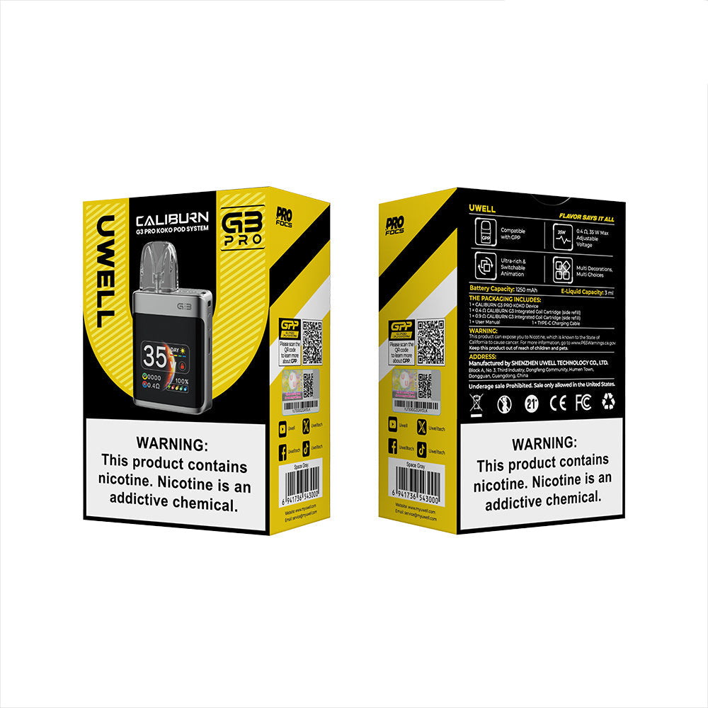 Uwell Caliburn G3 Pro KOKO Pod System - Lightweight, 35W output, 3mL capacity with adjustable airflow.