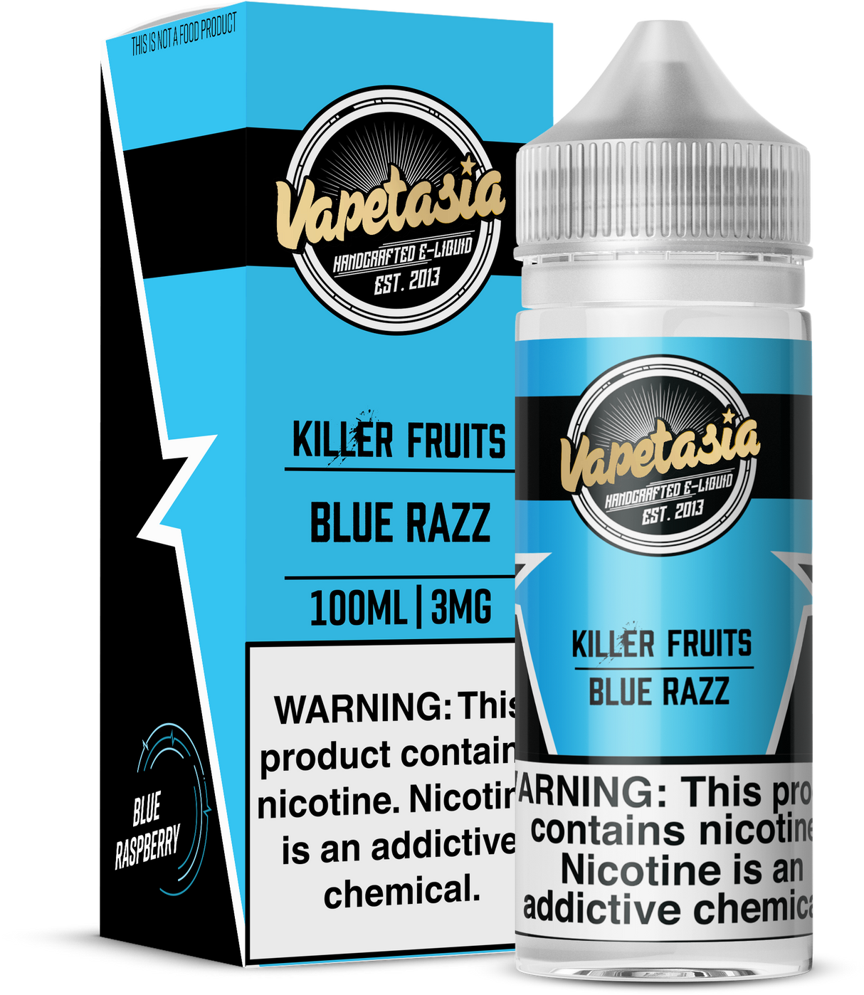Vapetasia Killer Fruits Blue Razz 100ml e-liquid bottle with blue raspberry flavor
