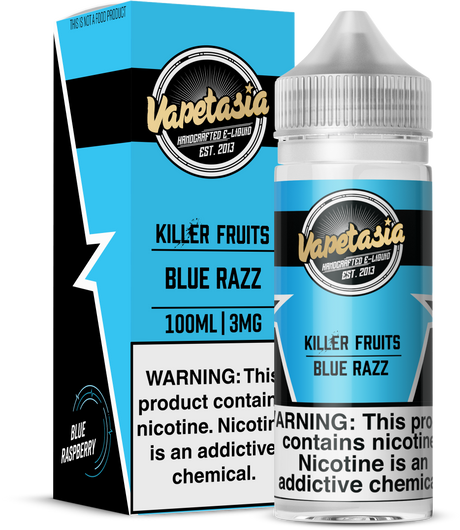 Vapetasia Killer Fruits Blue Razz 100ml e-liquid bottle with blue raspberry flavor
