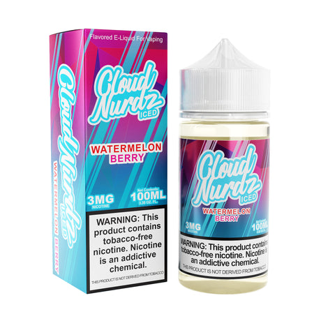 Cloud Nurdz Iced Watermelon Berry 100ML E-Liquid bottle with watermelon, blueberry, and menthol flavors