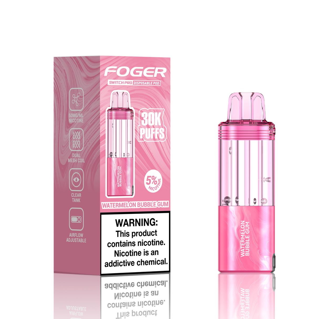Pink vape device and packaging with 'FOGER' branding on a white background