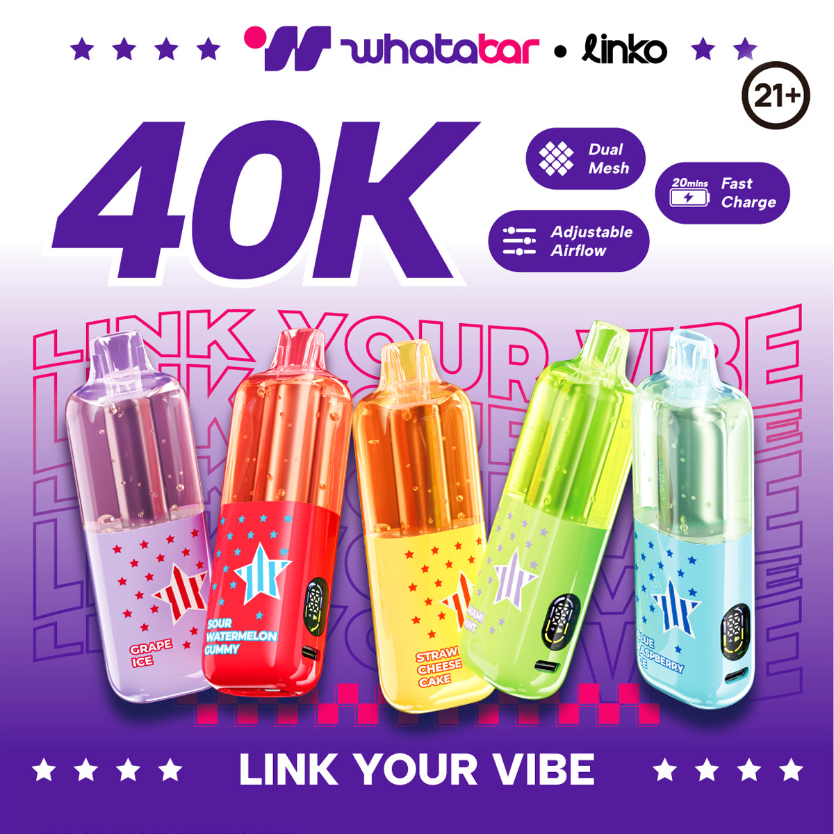 Whatabar Linko 40K device with transparent e-liquid tank and sleek body