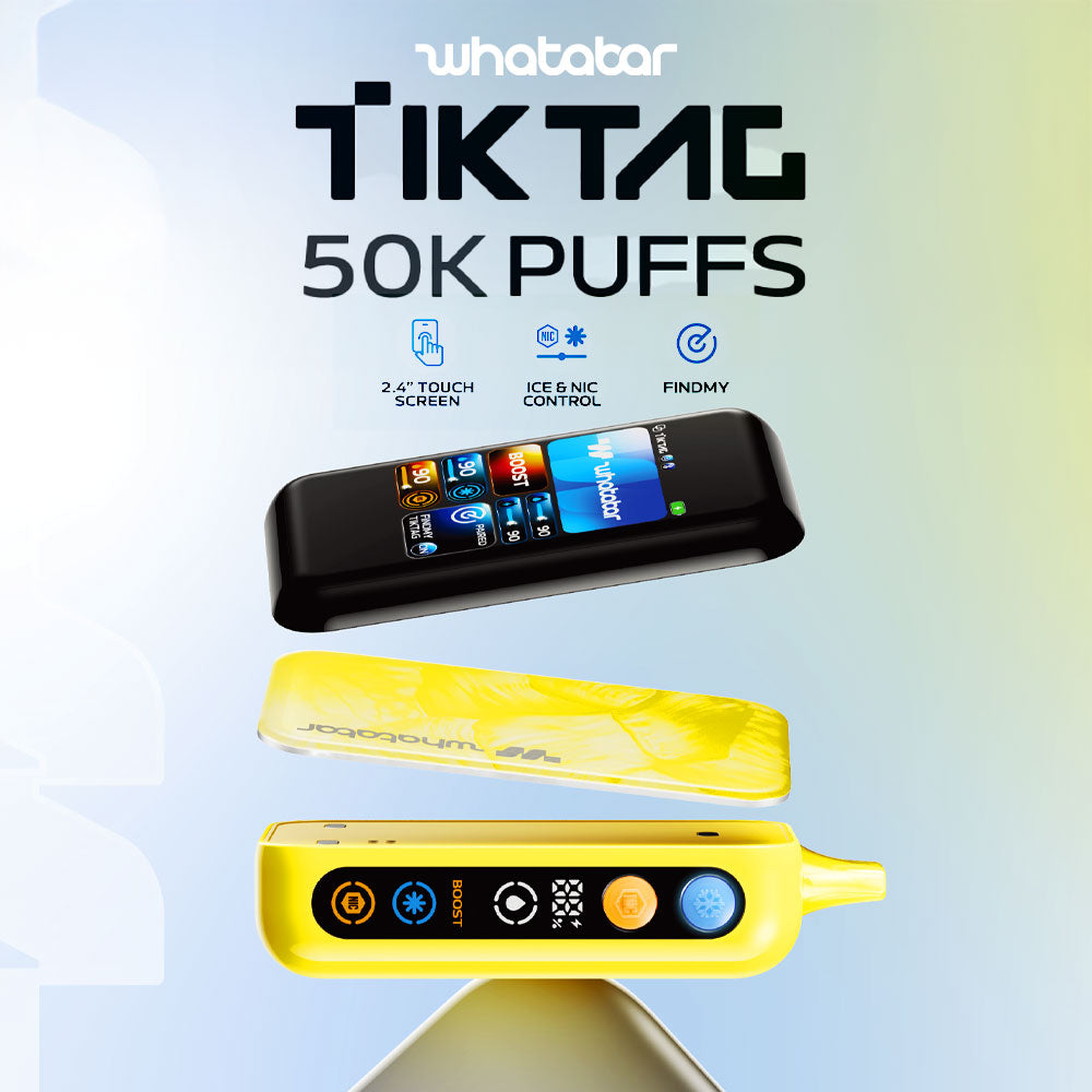 Whatabar Tik Tag 50K – 50,000-puff high-performance disposable vape with FindMy tracking, adjustable settings, and Smart Touch Screen.