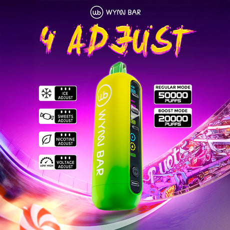 Wynn Bar "4 ADJUST" 50K – 50,000 puff rechargeable disposable with customizable airflow, nicotine, flavor, and voltage control.