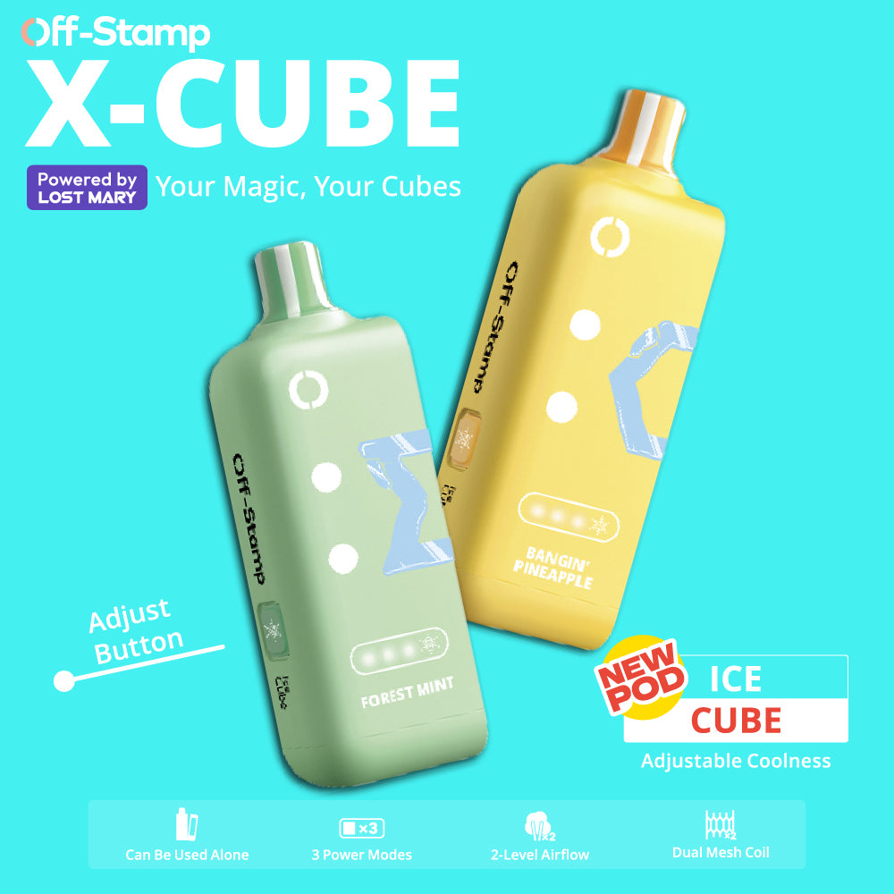 Two Off-Stamp X-Cube devices, one green and one yellow, on a blue background with product features highlighted.