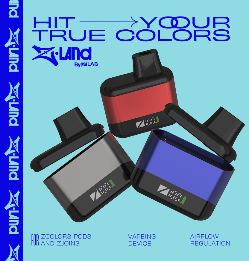 ZLand By ZLAB Battery featuring a 1200mAh battery, adjustable airflow, magnetic pod connection, and LED display for endless flavor combinations.