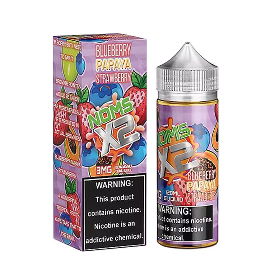 Product image for Noms X2 by Nomen Blueberry Papaya Strawberry e-liquid, featuring the bottle, packaging box, and a warning label about nicotine content.