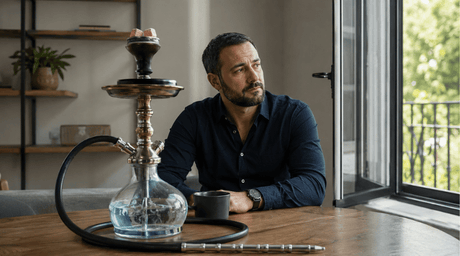 Traditional hookah with charcoal and hose in a naturally lit, well-ventilated room