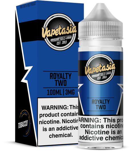 Royalty Two by Vapetasia 100ML bottle featuring a blend of vanilla custard, hazelnut, and mild tobacco flavor with a 70/30 VG/PG ratio, available in 3MG and 6MG nicotine strengths.