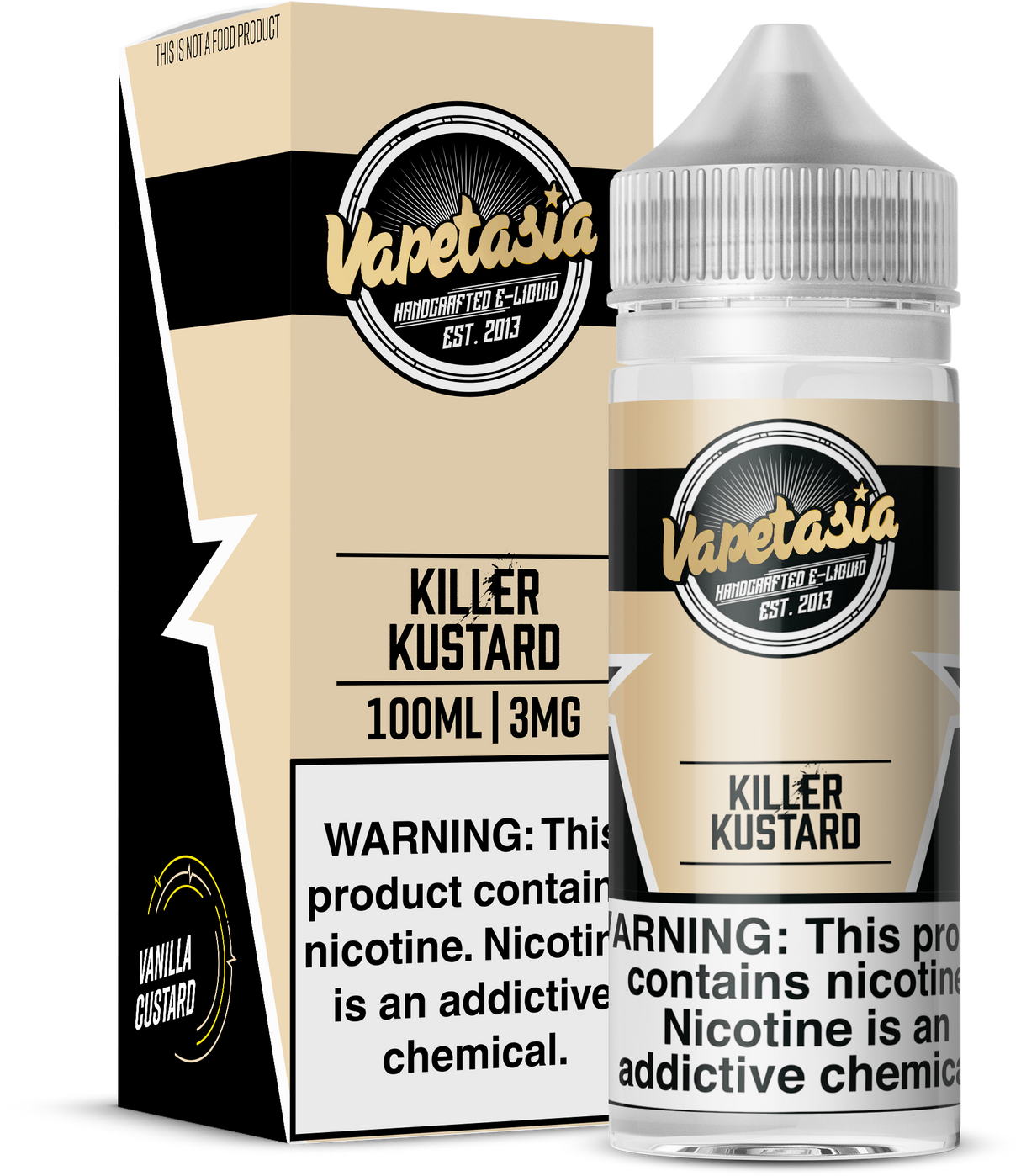 Original Killer Kustard by Vapetasia 100ML bottle of vanilla custard e-liquid with 70/30 VG/PG ratio and 0MG, 3MG, 6MG nicotine options.