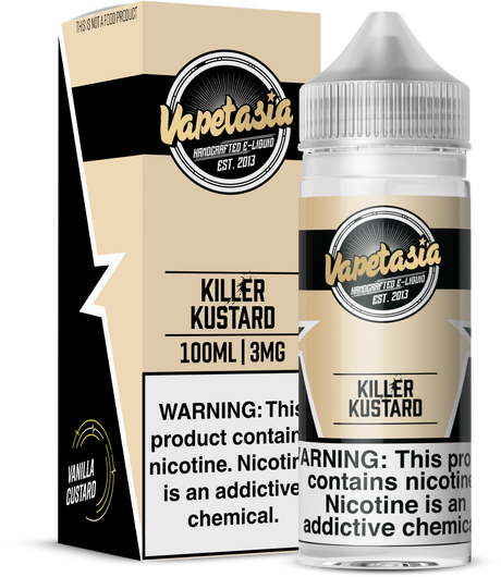 Original Killer Kustard by Vapetasia 100ML bottle of vanilla custard e-liquid with 70/30 VG/PG ratio and 0MG, 3MG, 6MG nicotine options.