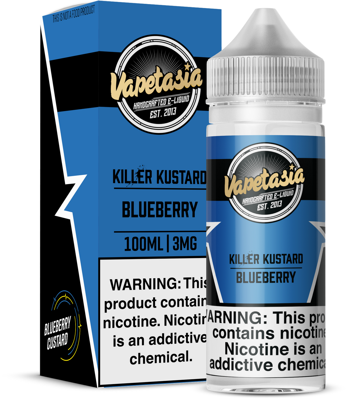 Blueberry Killer Kustard by Vapetasia 100ML bottle featuring creamy vanilla custard with sweet blueberry flavor, 70/30 VG/PG ratio, available in 0MG, 3MG, 6MG nicotine strengths.