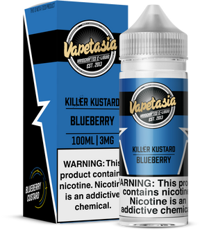 Blueberry Killer Kustard by Vapetasia 100ML bottle featuring creamy vanilla custard with sweet blueberry flavor, 70/30 VG/PG ratio, available in 0MG, 3MG, 6MG nicotine strengths.