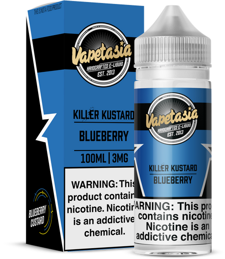 Blueberry Killer Kustard by Vapetasia 100ML bottle featuring creamy vanilla custard with sweet blueberry flavor, 70/30 VG/PG ratio, available in 0MG, 3MG, 6MG nicotine strengths.