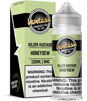 Honeydew Killer Kustard by Vapetasia 100ML bottle featuring creamy custard blended with sweet honeydew melon, 70/30 VG/PG ratio, available in 3MG and 6MG nicotine strengths.