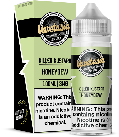 Honeydew Killer Kustard by Vapetasia 100ML bottle featuring creamy custard blended with sweet honeydew melon, 70/30 VG/PG ratio, available in 3MG and 6MG nicotine strengths.