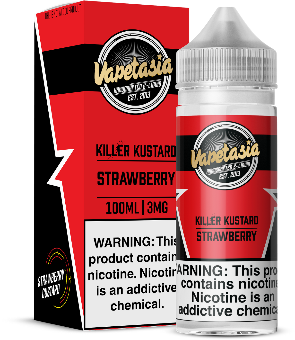 Strawberry Killer Kustard by Vapetasia 100ML bottle featuring ripe strawberries blended with creamy vanilla custard, 70/30 VG/PG ratio, available in 0MG, 3MG, and 6MG nicotine strengths.