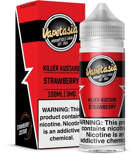 Strawberry Killer Kustard by Vapetasia 100ML bottle featuring ripe strawberries blended with creamy vanilla custard, 70/30 VG/PG ratio, available in 0MG, 3MG, and 6MG nicotine strengths.