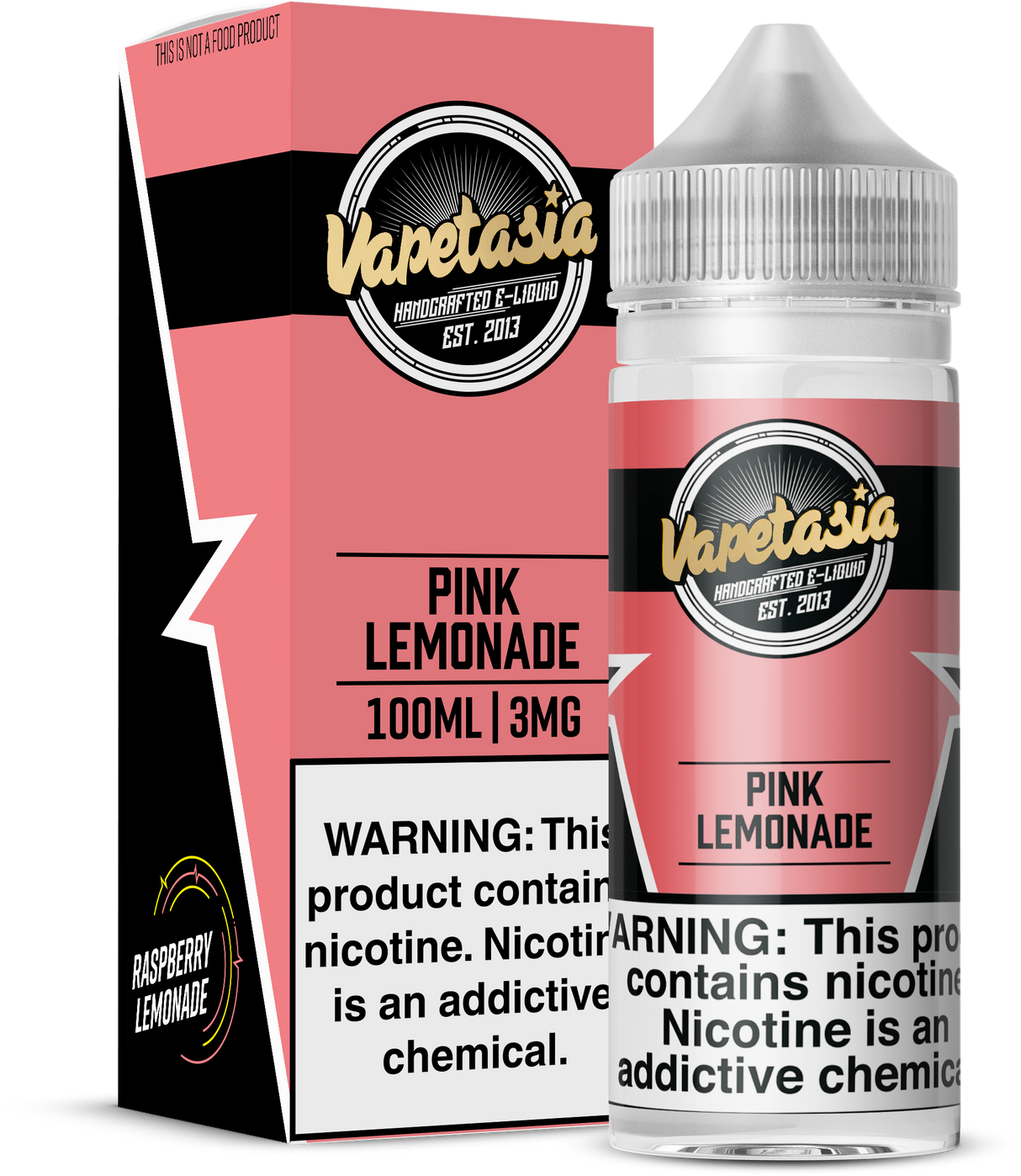 Pink Lemonade by Vapetasia 100ML bottle featuring a blend of sweet raspberries and tangy lemon with a 70/30 VG/PG ratio, available in 3MG and 6MG nicotine strengths.