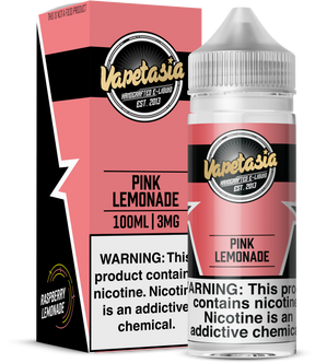 Pink Lemonade by Vapetasia 100ML bottle featuring a blend of sweet raspberries and tangy lemon with a 70/30 VG/PG ratio, available in 3MG and 6MG nicotine strengths.