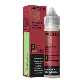 Bottle of PACHAMAMA Strawberry Guava Jackfruit 60ML E-Liquid showcasing tropical fruit flavors.