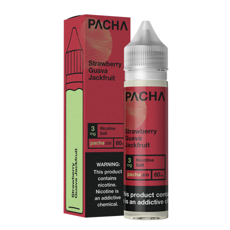 Bottle of PACHAMAMA Strawberry Guava Jackfruit 60ML E-Liquid showcasing tropical fruit flavors.