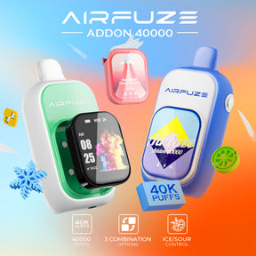 AIRFUZE Addon 40K Nicotine Strip Edition – 40,000 puff disposable vape with adjustable Ice & Sour control, dual-tank system, and a rechargeable battery.