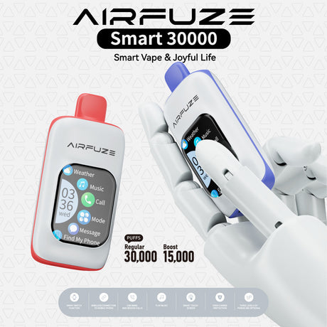 AIRFUZE Smart 30K Disposable Vape – 30,000 puffs with smart connectivity, touchscreen, and multiple vaping modes.