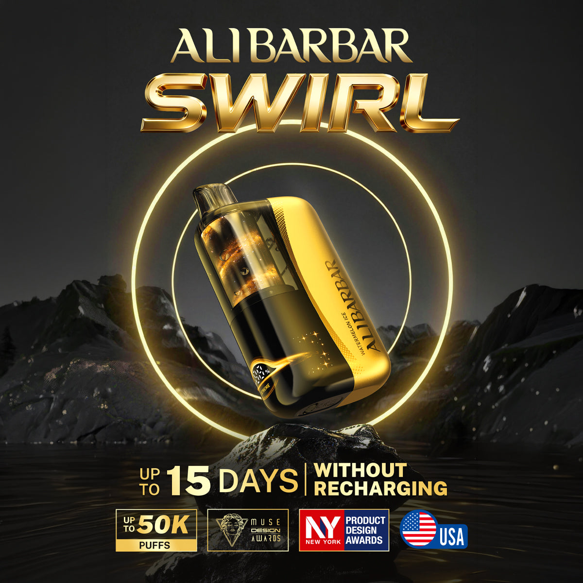 ALI BARBAR SWIRL 50K disposable device with gold exterior and clear spiral tank design.