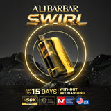 ALI BARBAR SWIRL 50K disposable device with gold exterior and clear spiral tank design.