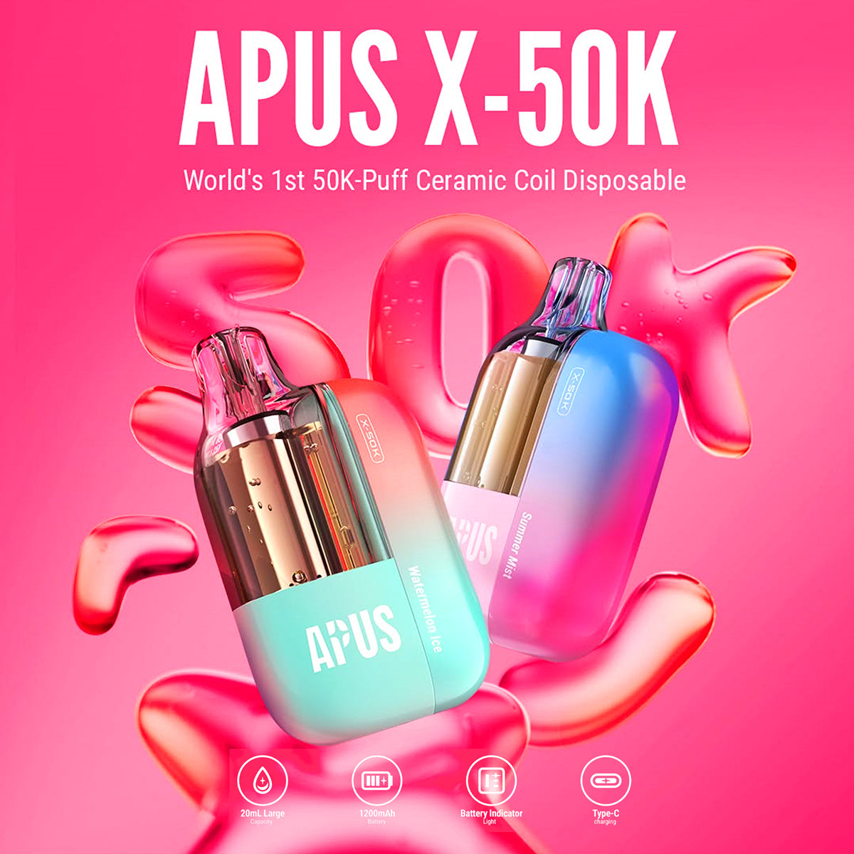 APUS X-50K front view with visible e-liquid tank and sleek body