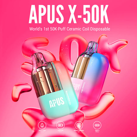 APUS X-50K front view with visible e-liquid tank and sleek body