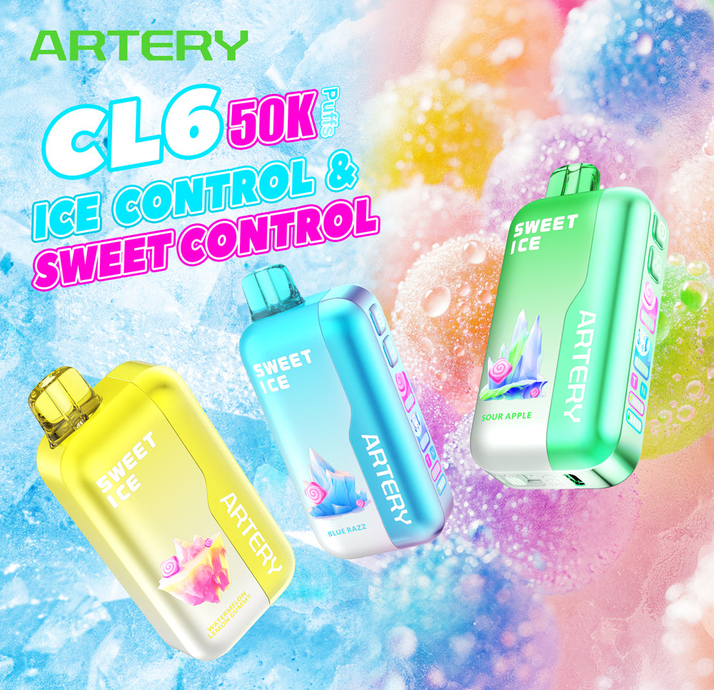 Artery CL6 Sweet & Ice Control Disposable Device with 50,000 puffs, customizable flavor levels, and Tri-Fusion Technology.