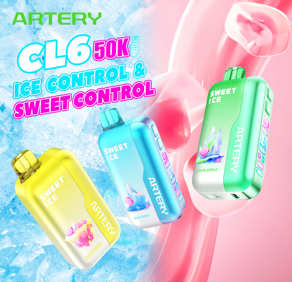 Artery CL6 Sweet & Ice Control Disposable Device with 50,000 puffs, customizable flavor levels, and Tri-Fusion Technology.