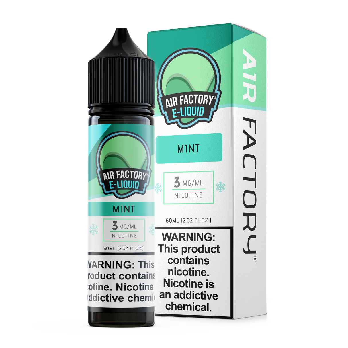 60mL bottle of Air Factory Mint E-Liquid with child-resistant cap and fresh mint flavor profile.