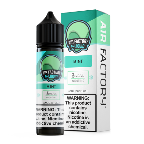 60mL bottle of Air Factory Mint E-Liquid with child-resistant cap and fresh mint flavor profile.