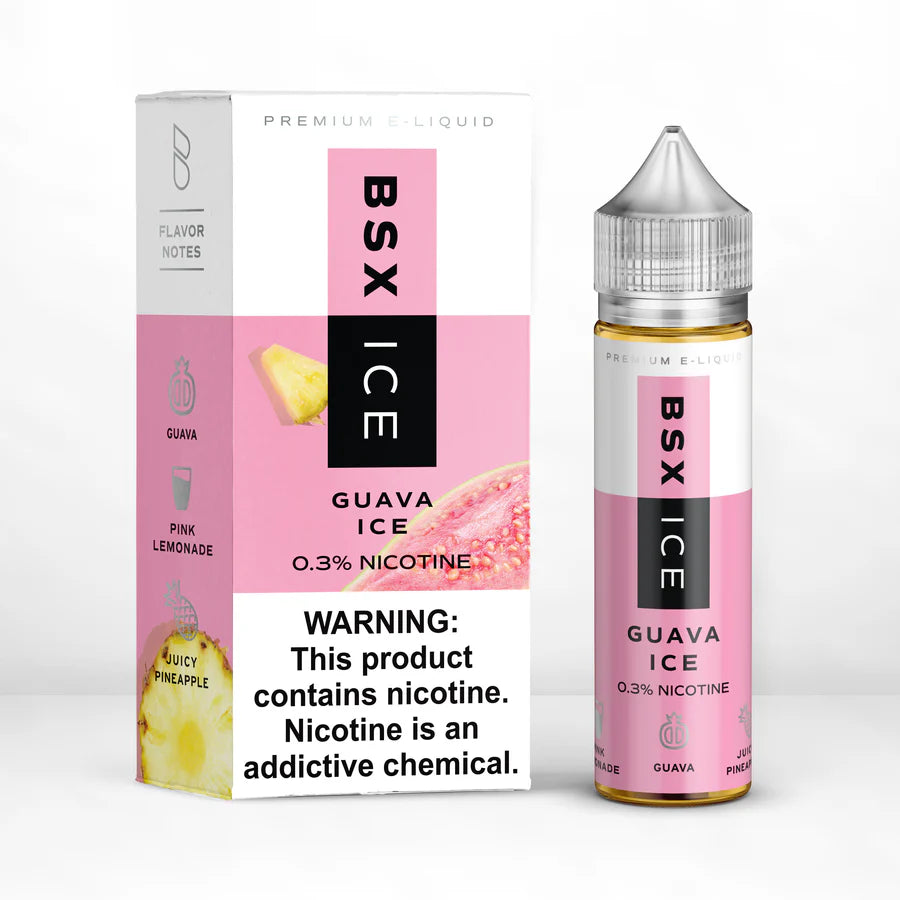 BSX ICE Guava Ice E-Liquid featuring a 60mL bottle with icy pink lemonade, guava, and pineapple flavor.