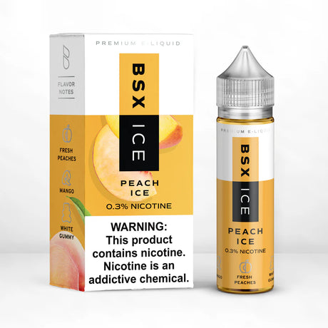BSX ICE Peach Ice E-Liquid featuring candied peaches, ripe peaches, and icy mango in a 60mL unicorn bottle.
