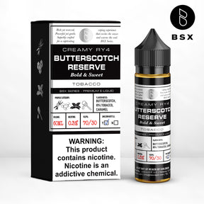 BSX Vapor BSX Series Butterscotch Reserve E-Liquid featuring butterscotch, caramel, and RY4 tobacco in a 60mL bottle.