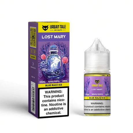Urban Tale x Lost Mary Blue Razz Ice Nic Salts 30ML E-Liquid Bottle, featuring a bold blue raspberry flavor with an icy finish.