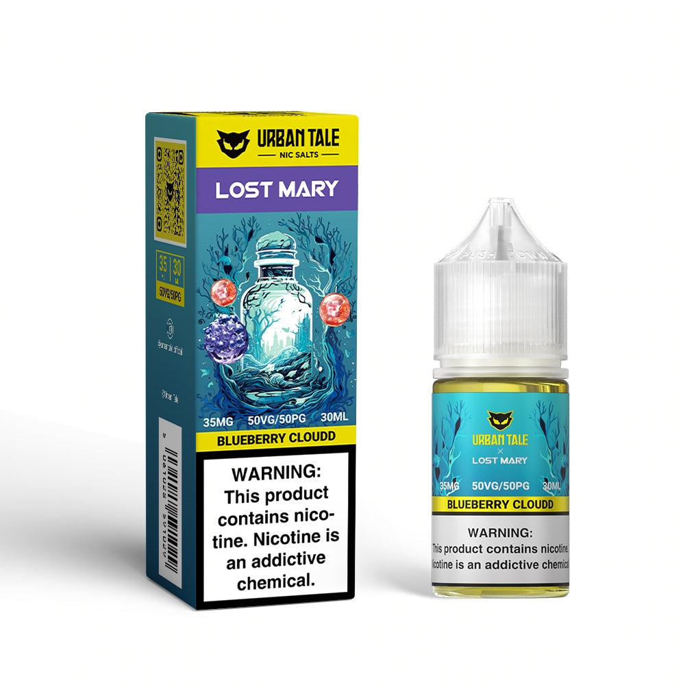 Urban Tale x Lost Mary Blueberry Cloud Nic Salts 30ML Bottle featuring juicy blueberry flavor with a velvety finish.