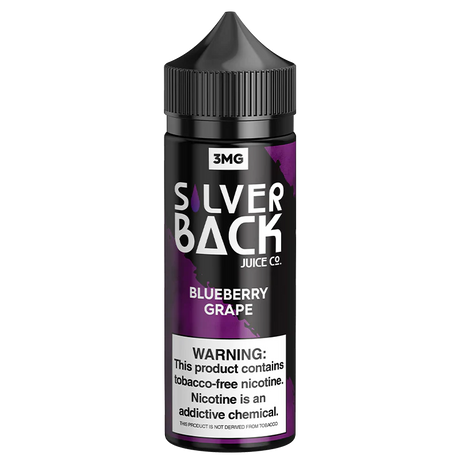 BooBoo by Silverback Juice Co. 120 mL bottle of grape and blueberry e-liquid.