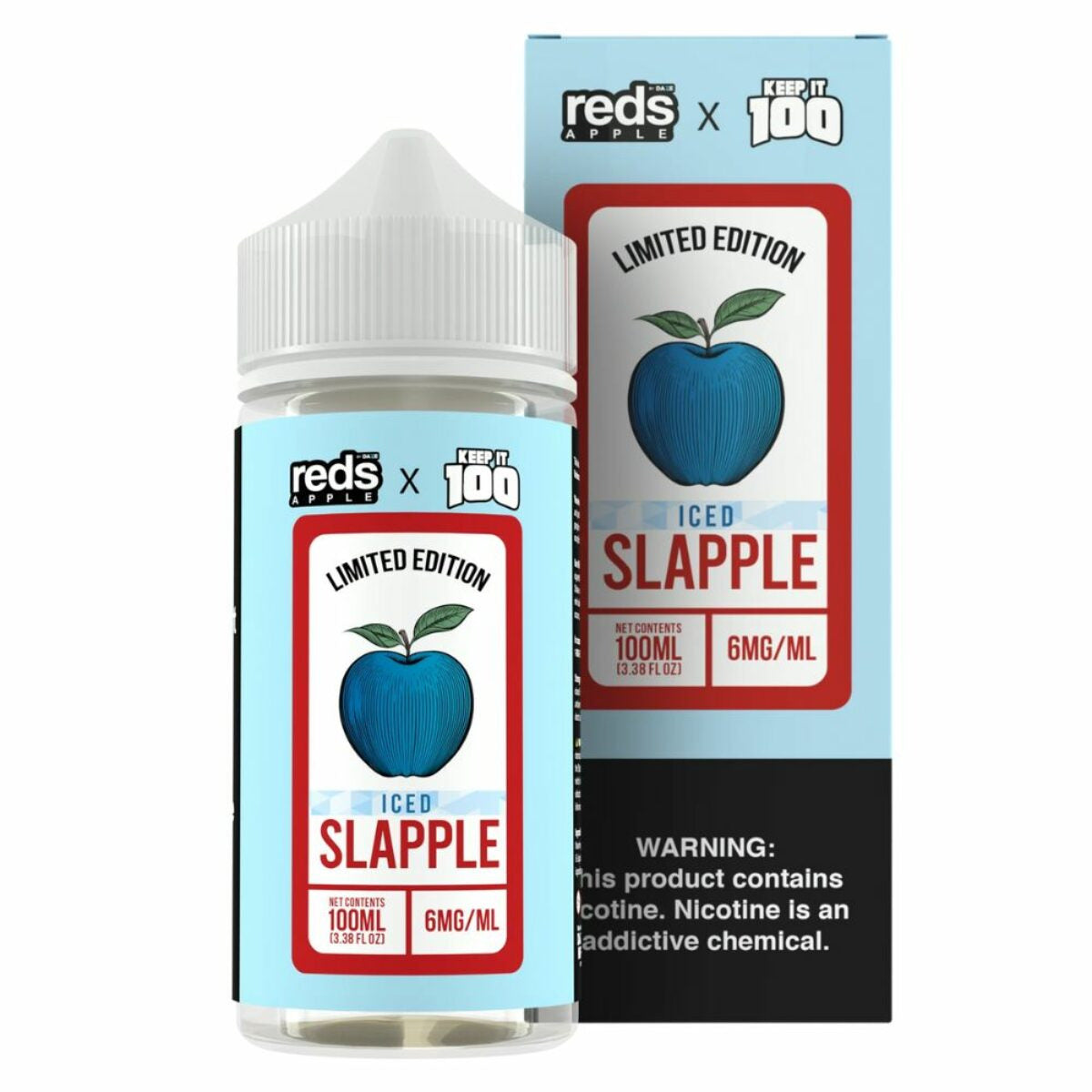 7 Daze Reds Apple x KEEP IT 100 ICED Slapple 100ML e-liquid with apple, blue raspberry slushie, and menthol flavor.