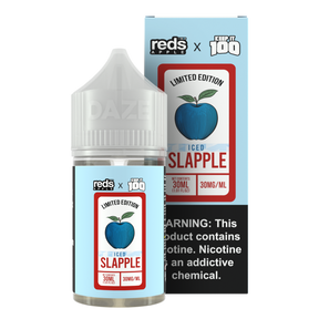 7 Daze Reds Apple x KEEP IT 100 ICED Slapple 30ML nicotine salt e-liquid with apple, blue raspberry slushie, and menthol flavor.